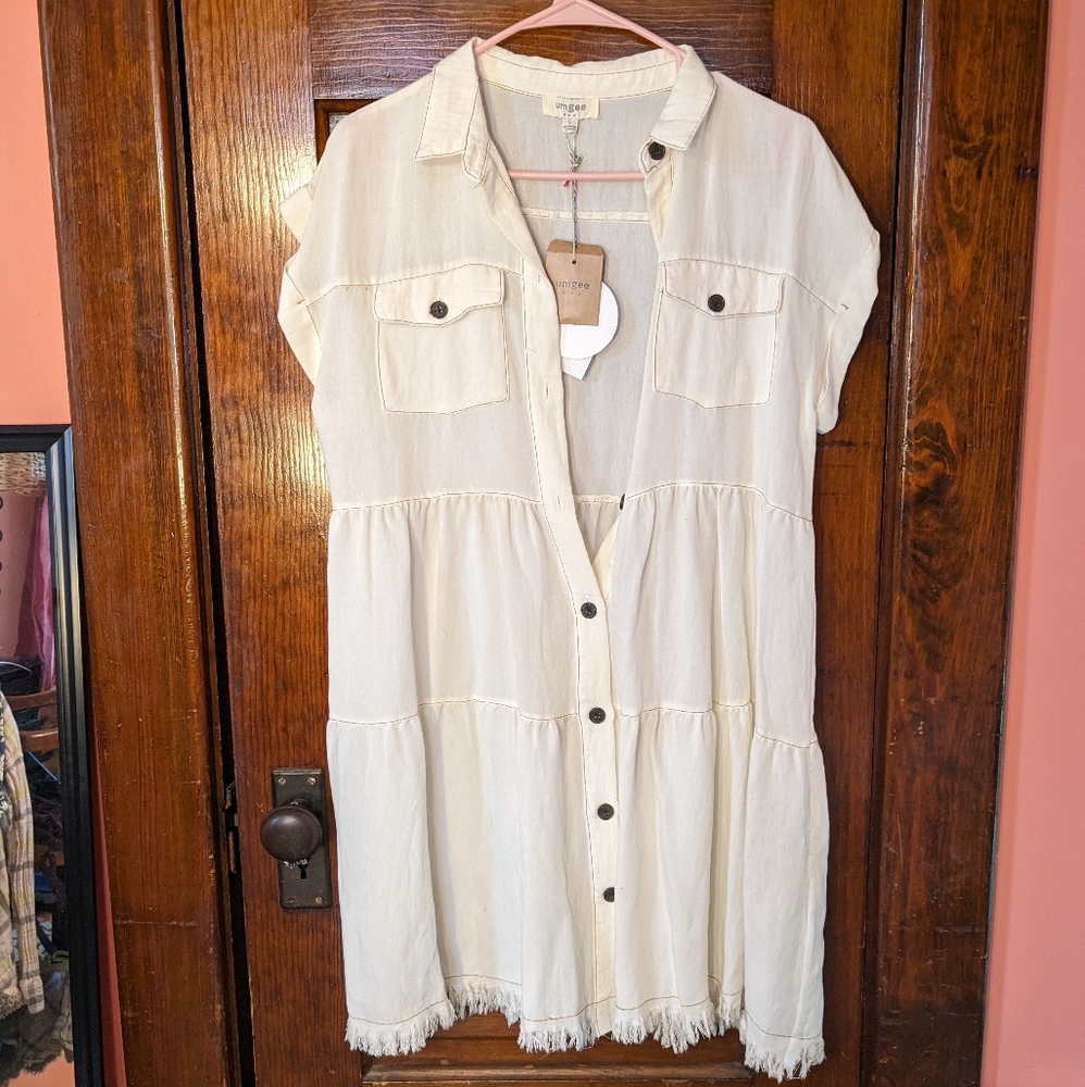 NWT Umgee Distressed Dress Small Boho Cottagecore Babydoll Button Cream/White